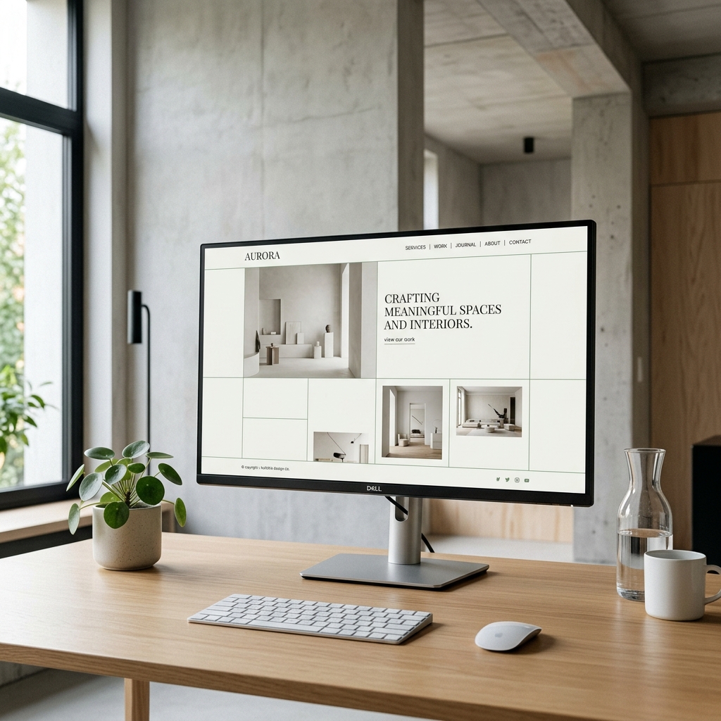 A minimalist design studio desk with wooden accents and botanical plant