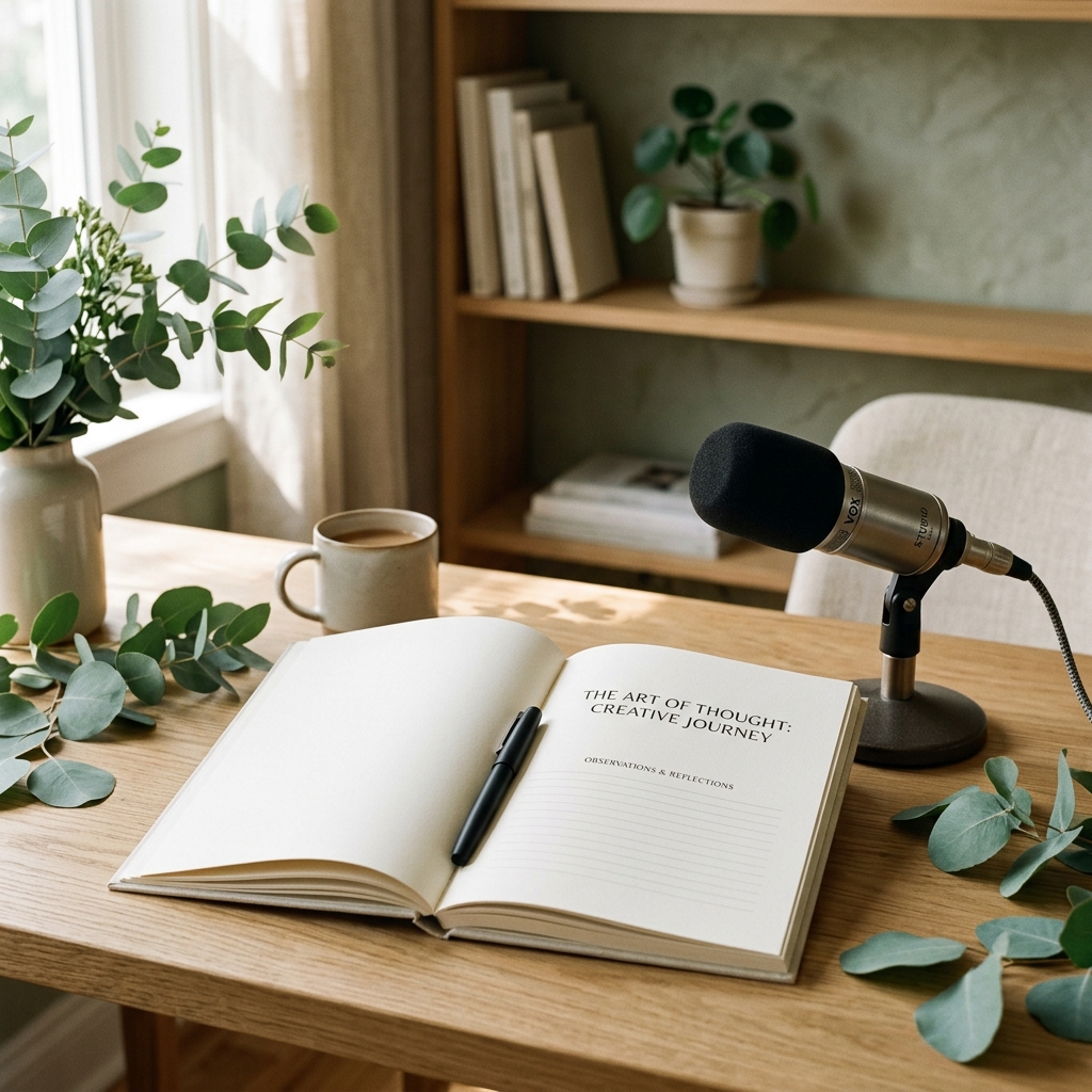 A blank open book displaying a bookmark next to a sleek studio microphone with warm lighting