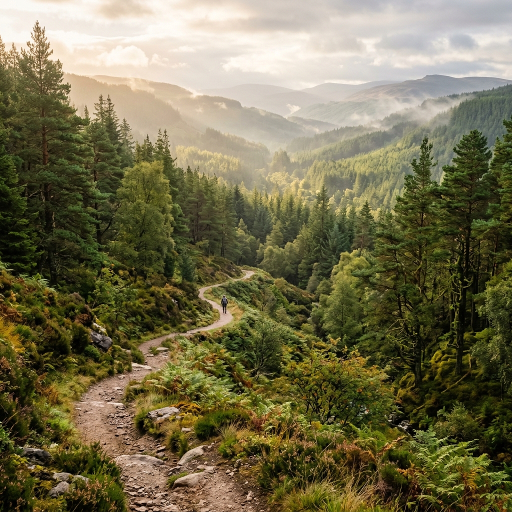 A quiet forest path weaving through towering misty pine trees under soft morning sunlight